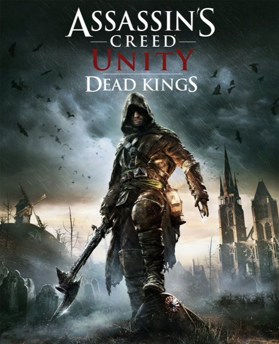 Carátula de la expansión Dead Kings: un asesino encapuchado con una alabarda en un cementerio bajo la lluvia, con una iglesia al fondo