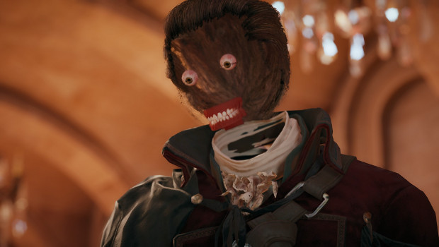 Un personaje de Unity cuyo rostro ha desaparecido: solo quedan unos ojos y una hilera de dientes flotando delante del cráneo