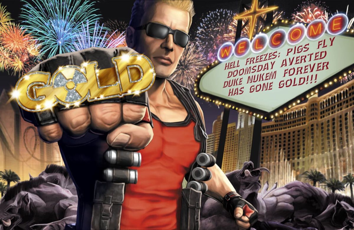 Artwork promotionnel de Duke Nukem Forever, Duke au cœur d'une explosion entouré d'aliens et de robots