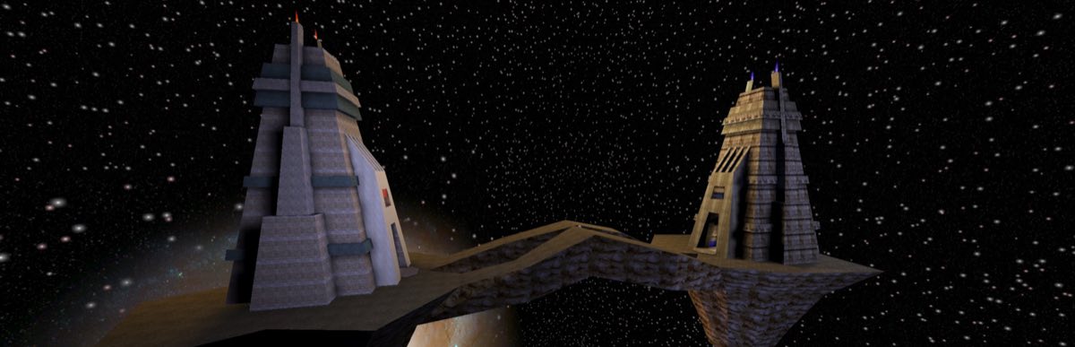 Capture d'écran d'Unreal Tournament, la carte multijoueur Facing Worlds avec ses deux tours reliées par un pont dans l'espace