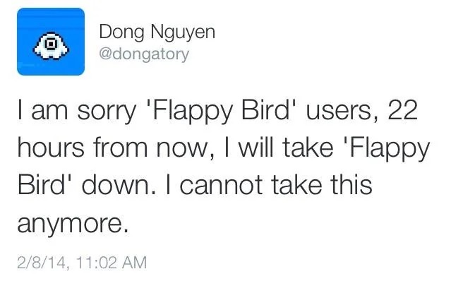Screenshot of Dong Nguyen's February 8, 2014 tweet announcing that Flappy Bird would be taken down in 22 hours