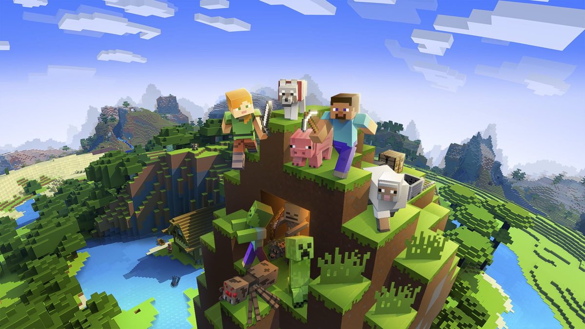 Sunny Minecraft scene with player characters, a pig and a sheep on a green hill