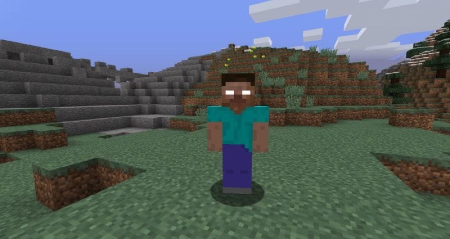 Community recreation of a Herobrine sighting, a white-eyed figure standing in the distance on a hilly landscape at dusk