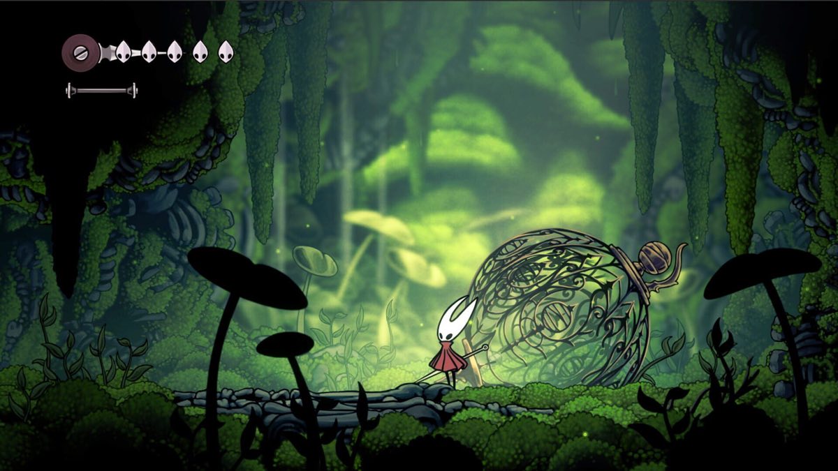 Exploración de una zona boscosa y verde en Hollow Knight: Silksong