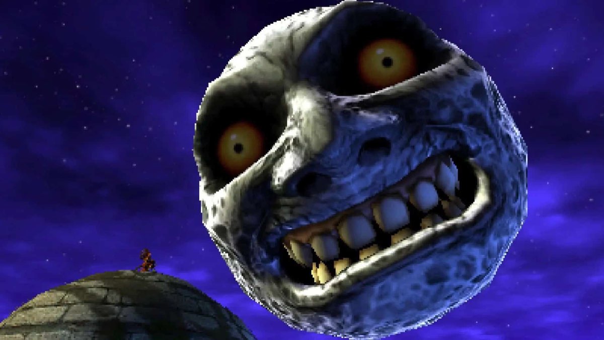 La lune menaçante de Majora's Mask, dominant le ciel au-dessus de Termina