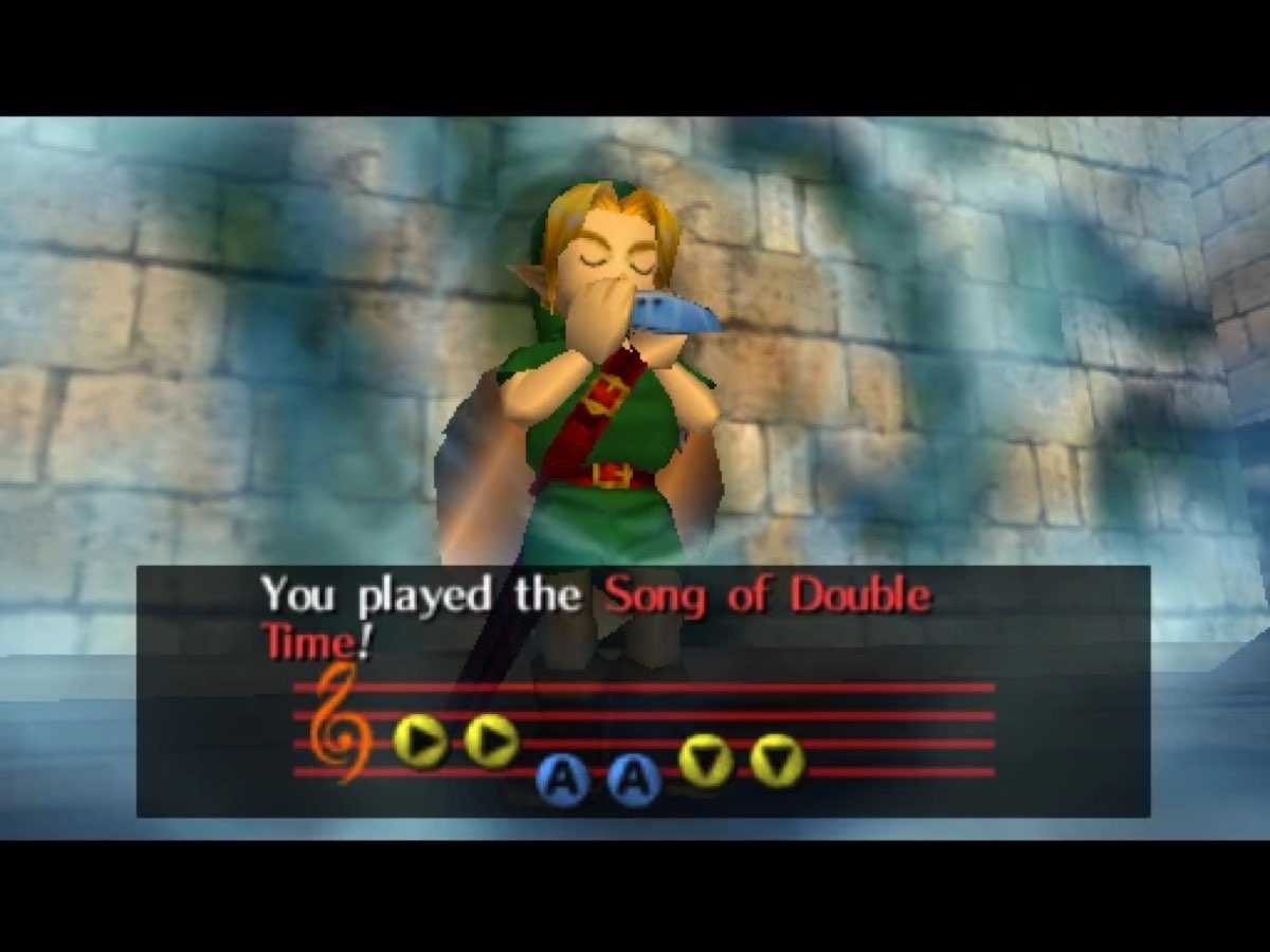 Capture d'écran de Majora's Mask, Link jouant une mélodie à l'ocarina