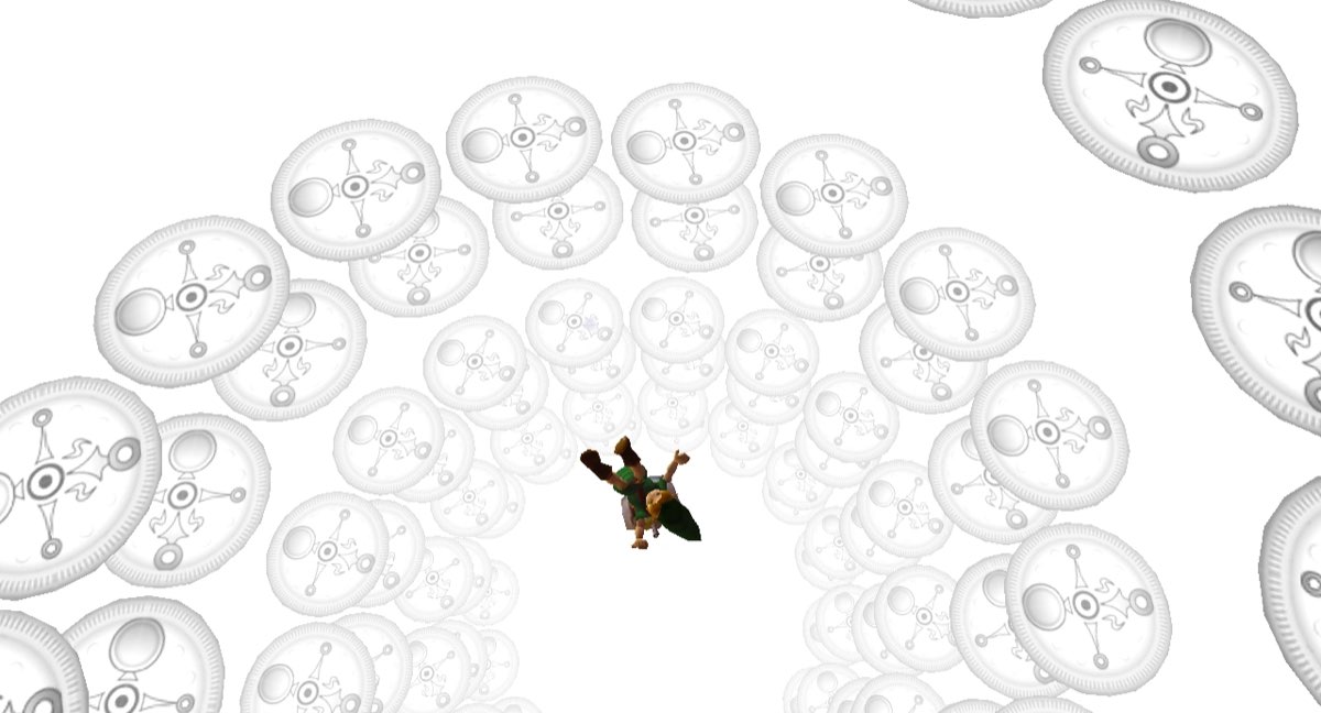 Illustration de Link entouré des symboles de l'Ocarina du Temps, évoquant le rembobinage du temps au cœur du système des trois jours