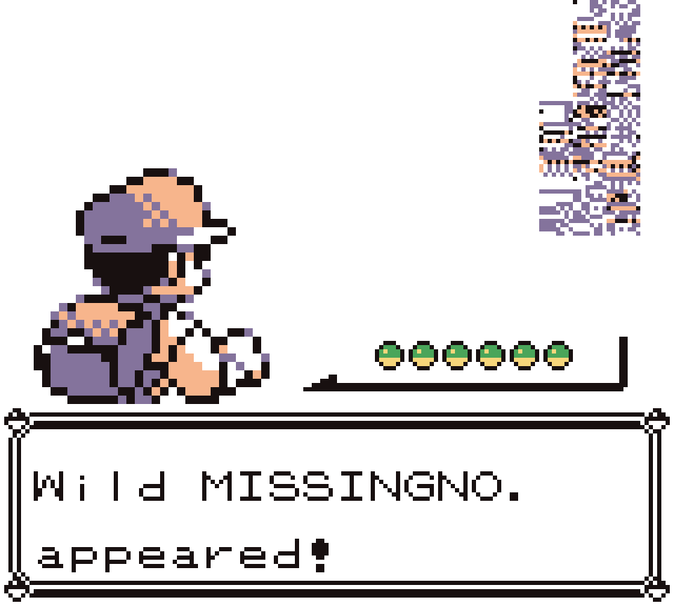 Combate de Pokémon en Game Boy: aparece el mensaje "Wild MISSINGNO. appeared!" mientras el sprite de MissingNo, un bloque de píxeles revueltos, se ve arriba a la derecha