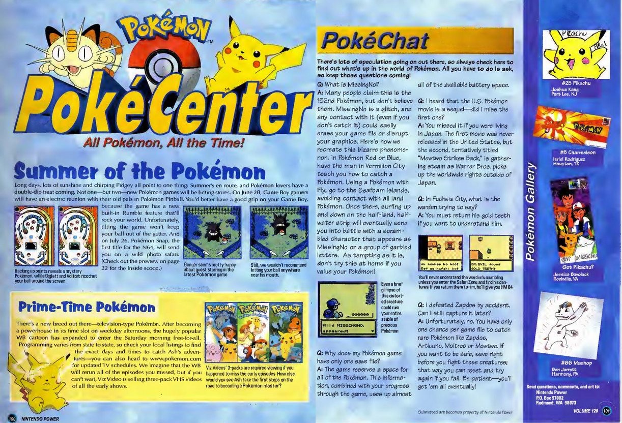 Doble página de la revista Nintendo Power número 120, sección PokéChat, con la pregunta "What is MissingNo?" y una captura del combate contra MissingNo