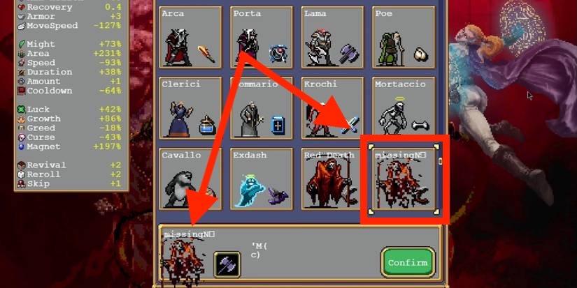 Pantalla de selección de personaje de Vampire Survivors con el personaje missingNo rodeado en rojo y sus estadísticas alteradas a la izquierda