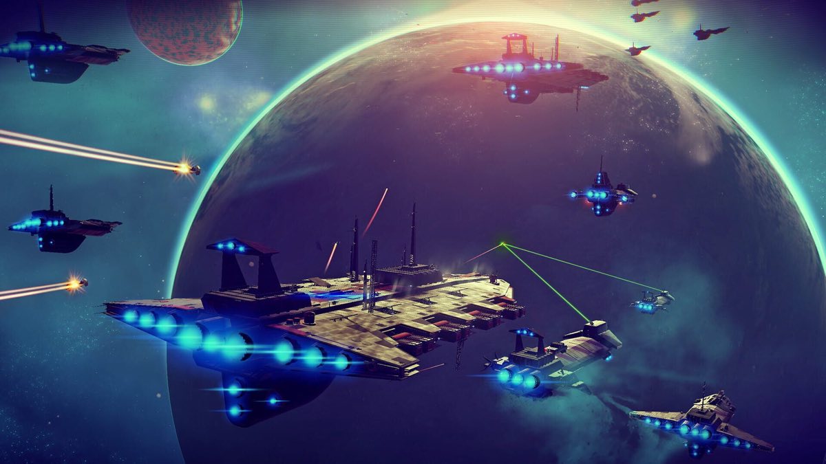Des créatures colorées, dont une tortue à carapace orange au premier plan, dans une prairie vallonnée de No Man's Sky