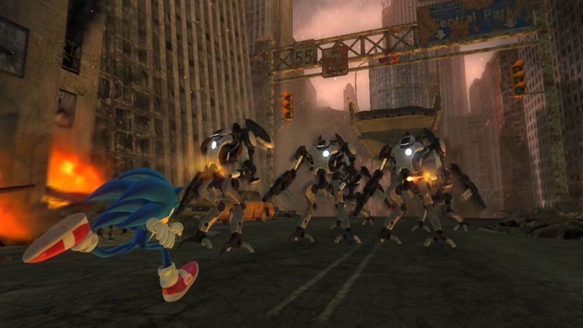 Sonic fleeing a group of enemy robots in a devastated city