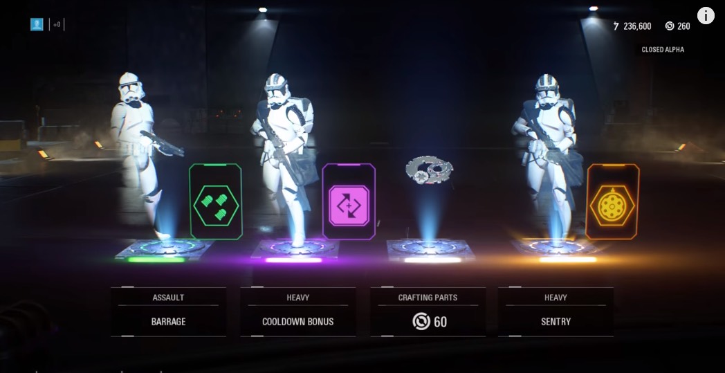 Apertura de cajas en la alfa cerrada de Star Wars Battlefront II: tres soldados clon muestran Star Cards (Barrage, Bonus de enfriamiento, Centinela) y 60 piezas de fabricación