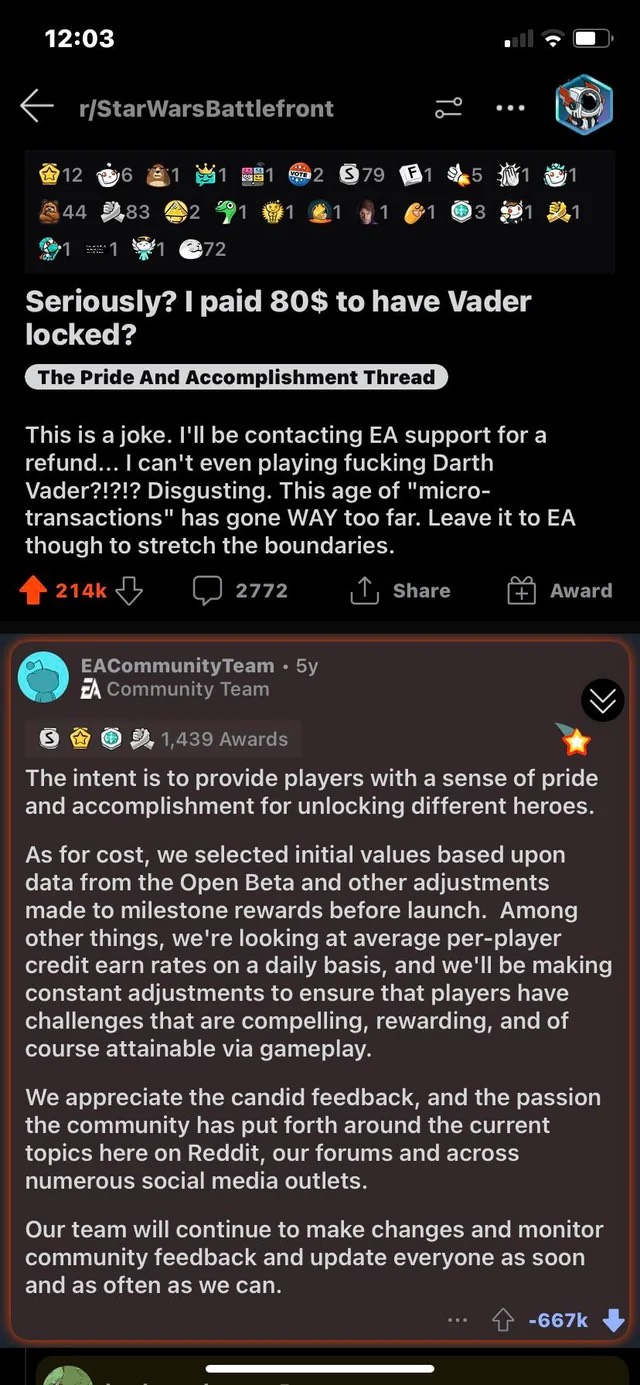 Captura del hilo de Reddit "Seriously? I paid 80$ to have Vader locked?" en r/StarWarsBattlefront, con la respuesta de EA y su puntuación de -667 k