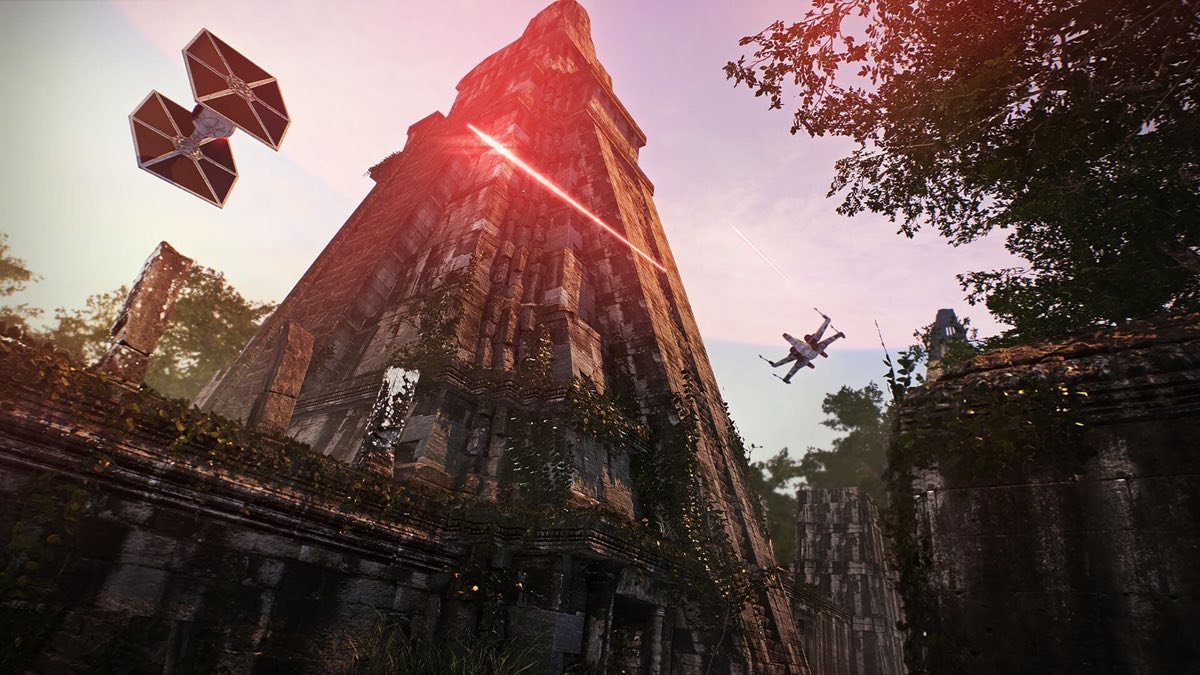 Una antigua torre de piedra cubierta de vegetación, con un caza TIE y un X-wing sobrevolándola, en Star Wars Battlefront II