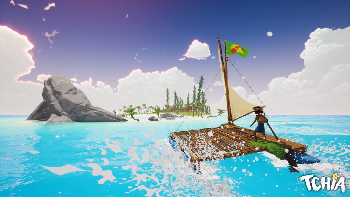 An outrigger raft sailing toward a palm-lined tropical island in Tchia