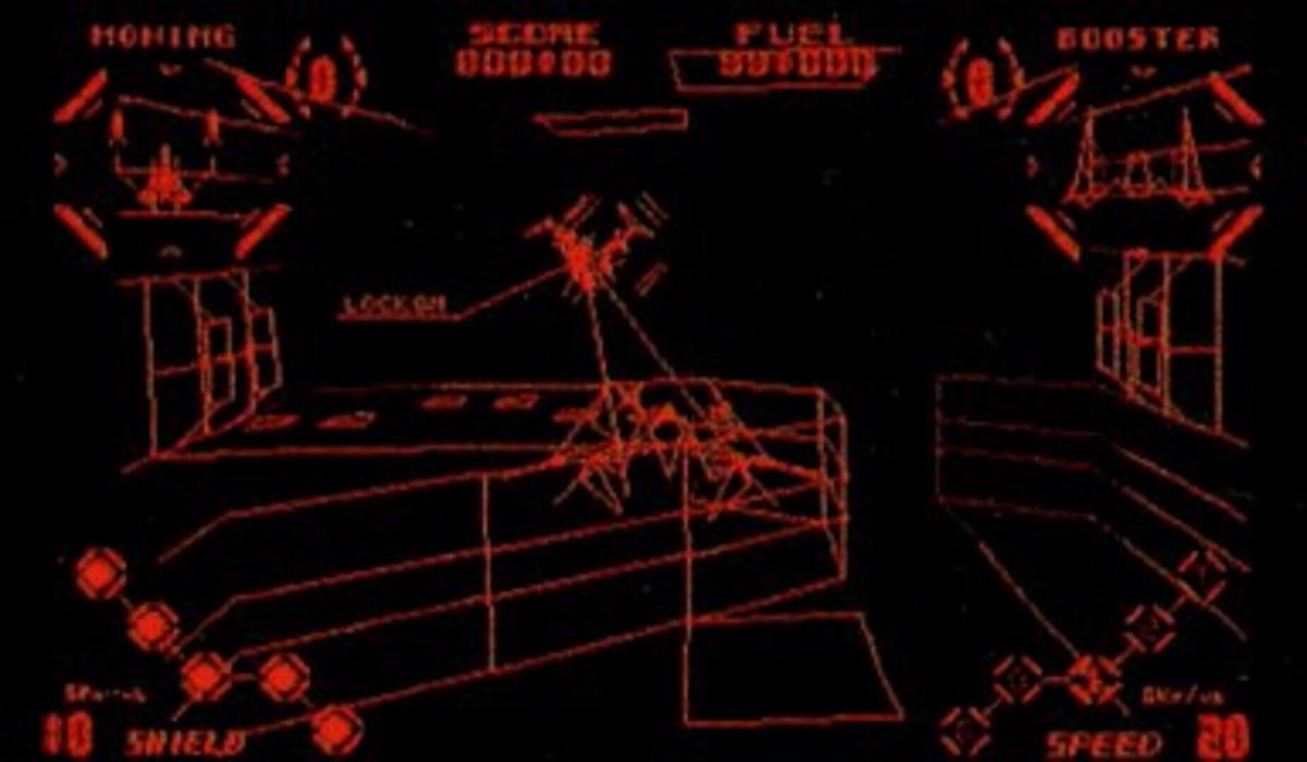 Captura de Red Alarm en Virtual Boy: escena en alambre rojo sobre fondo negro, con indicadores de escudo y combustible