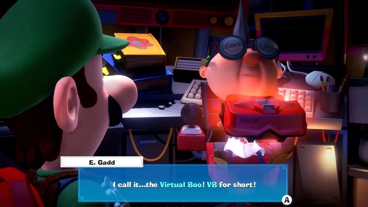 Luigi frente al profesor E. Gadd, que le presenta su Virtual Boo, un visor rojo, en Luigi's Mansion 3