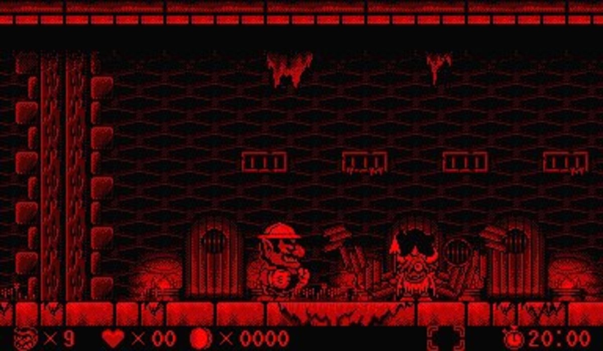 Wario en un escenario de mazmorra de Virtual Boy Wario Land, todo en tonos rojos sobre fondo negro