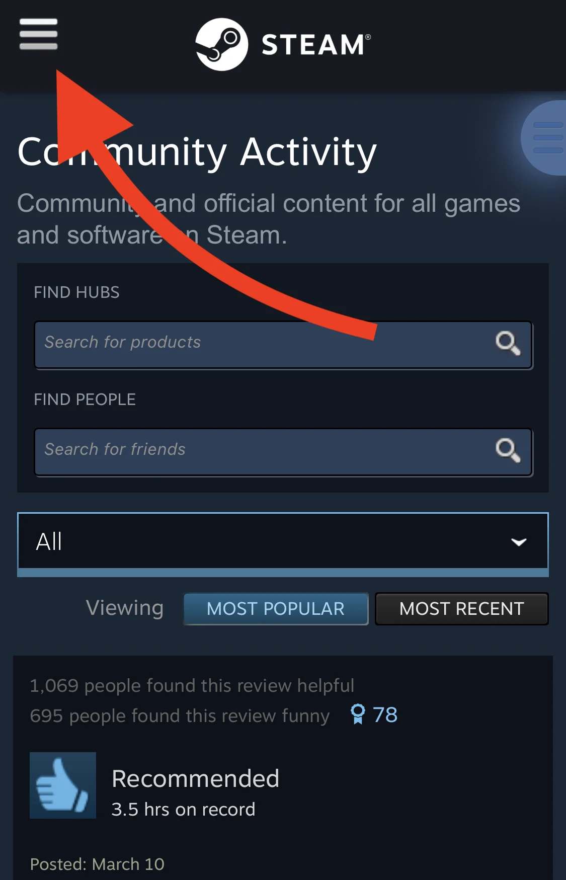 Steam mobile website menu