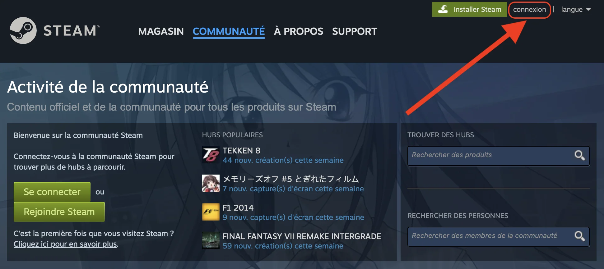 Page de connexion Steam