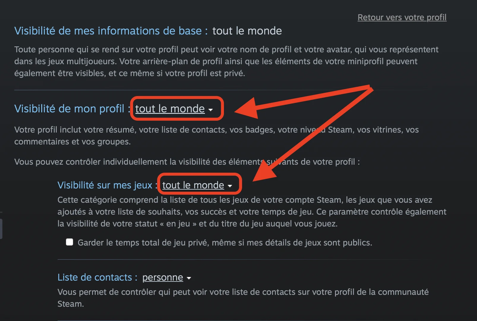Paramètres de visibilité Steam