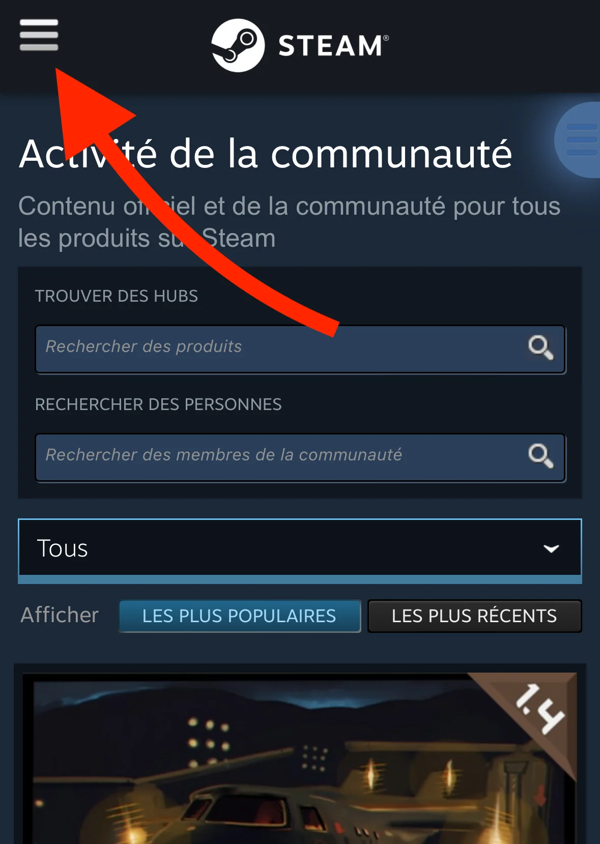 Menu du site Steam mobile